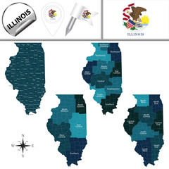 Map of Illinois with Regions - obrazy, fototapety, plakaty