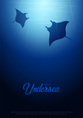 Underwater background with sun rays and silhouette of stingray or manta ray. Deep Ocean poster. Color vector illustration