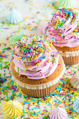 Closeup of cupcakes with vanilla, berries, pink and white cream, chocolate and sprinkles on wooden background. Selective focus. Sweet dessert tasty food concept muffin.