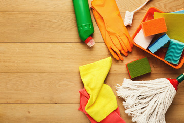 Cleaning supplies and products for home tidying up