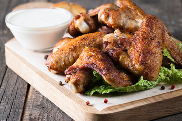 Close-up photo of bbq chicken wings with fries and beer. Barbeques meat with sauces, ketchup, mayonnaise. Fast and junk food concept. 