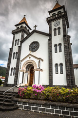 Tower of St. Sebastian church (Igreja Matriz de Sao Sebastiao) in Ponta Delgada, San Miguel, the Autonomous Region of the Azores, Portugal.
