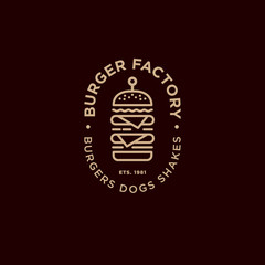Burger factory logo. Hamburger restaurant emblem. Linear flat logo. Big burger and letters on a dark background. - obrazy, fototapety, plakaty