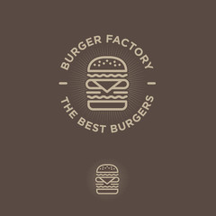 Burger factory logo. Hamburger restaurant emblem. Linear flat logo. Big burger and letters on a dark background.