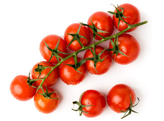 Red cherry tomatoes on a white. The view from the top.