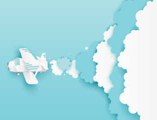 Modern paper art clouds and flying airplane. Cute cartoon fluffy clouds. Pastel colors. Origami style