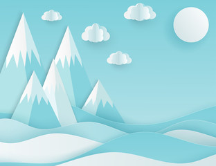 Modern paper art clouds and mountains. Cute cartoon fluffy clouds and waves in pastel colors. Origami style