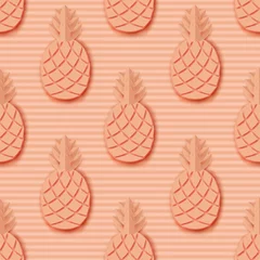 Poster Tropical paper pineapple. Summer exotic jungle fruit seamless pattern, striped background. Minimal, paper cut style. Pastel colors © Meranna