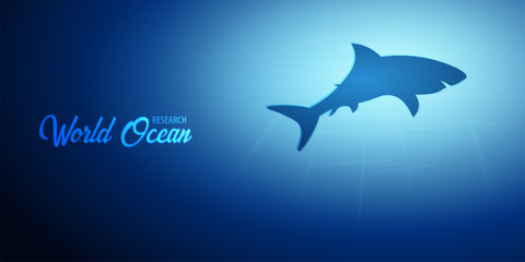 Underwater background with sun rays and silhouette of Shark. Deep Ocean banner. Color vector illustration