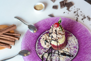 cake, slice, piece, sweet, cream, fresh, food, dessert, chocolate, pie, pastry, cocoa, dish, closeup, fork, celebration, sugar, fruit, tart, berries, one, blueberry, delicious, icing, coffee, healthy,