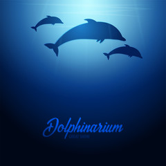 Fototapeta premium Underwater background with sun rays and silhouette of dolphin. Deep Ocean banner. Color vector illustration