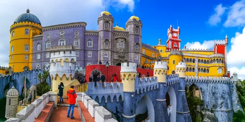 Fotobehang Panoramic view of the historical Pena Palace of Sintra in Lisbon, Portugal © cristianbalate