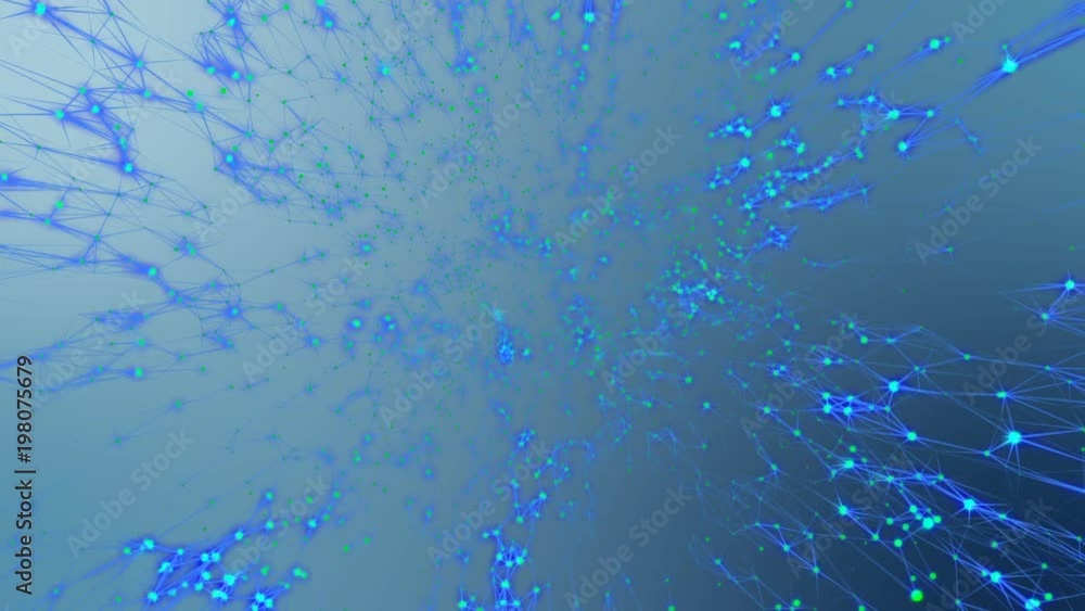Poster Transmitting signals to the neurons. Green neurons, blue synapses. Active neural network. The activity of blue structures that transmit signals in different corners of the screen. Multicolored