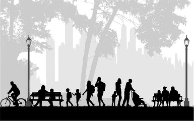 People silhouette, urban background.