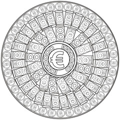 Euros. Coloring page for adults. Mandala to attract money.
