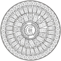Euros. Coloring page for adults. Mandala to attract money.
