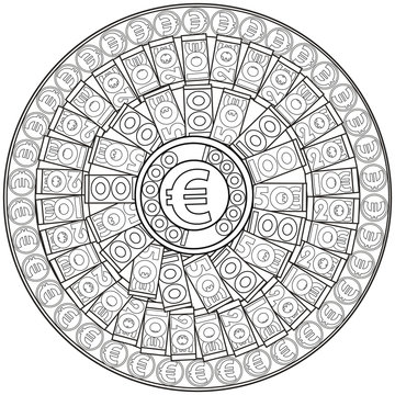 Euros. Coloring page for adults. Mandala to attract money.

