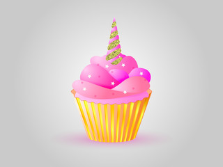 Cupcake with pink cream and horn unicorn with gold color. Vector illustration