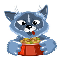 grey cat with bowl of food