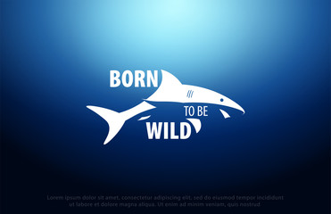 Shark logo with Underwater background with sun rays. Deep Ocean. Color vector illustration