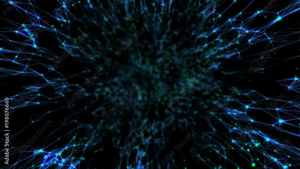 Poster Transmitting signals to the neurons. Green neurons, blue synapses. Active neural network. The activity of blue structures that transmit signals in different corners of the screen. Black background