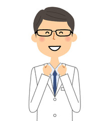 Fototapeta premium 白衣の男性 喜ぶ