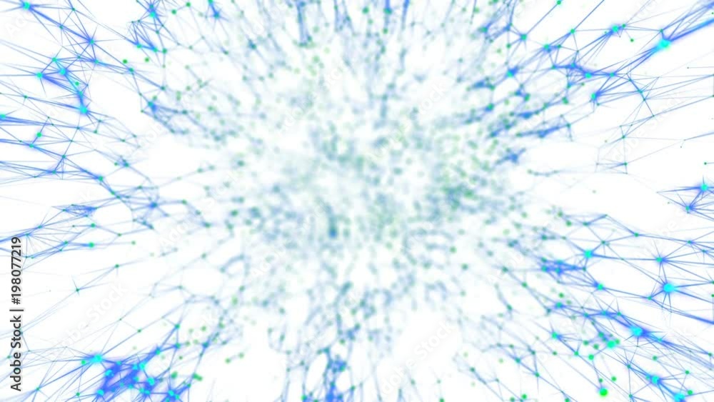Poster Transmitting signals to the neurons. Green neurons, blue synapses. Active neural network. The activity of blue structures that transmit signals in different corners of the screen. White background