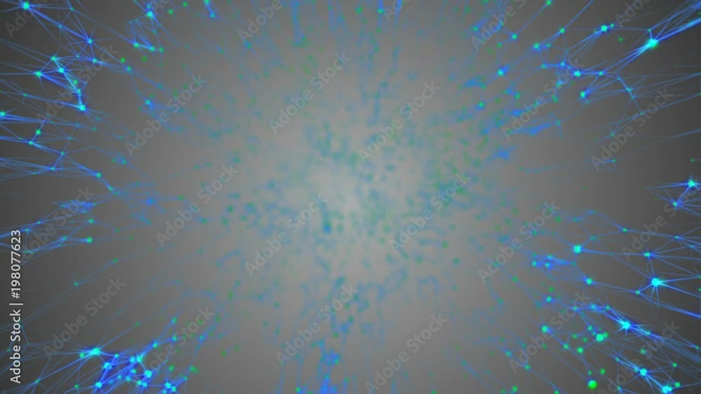 Poster Transmitting signals to the neurons. Green neurons, blue synapses. Active neural network. The activity of blue structures that transmit signals in different corners of the screen. Gray background