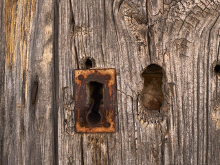 Rusty lock on an old wooden door