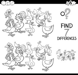 differences game with farm chickens coloring book