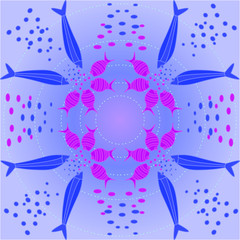 Circular design of mandala with image of large and small fish in pond. You can use for design of textiles, postcards, logo for fisching club.