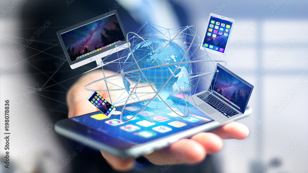 Poster view of a businessman holding a computer and devices displayed on a smartphone interface with intern