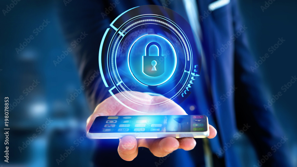 Poster businessman using a smartphone with a shinny technologic locker security button - 3d render