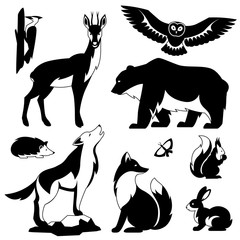 Set of woodland forest animals and birds. Stylized illustration