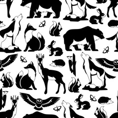 Seamless pattern with woodland forest animals and birds. Stylized illustration