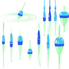 Vector set of fishing float. Colorful drawing on white background. Can be used in postcards, posters, textiles, logo for fishing club.