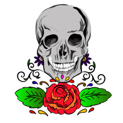 Skull with roses drawn in tattoo style.