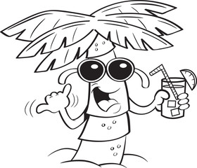Black and white illustration of a palm tree wearing sunglasses and holding a drink.