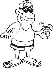 Black and white illustration of a man wearing a swimsuit and holding a drink.