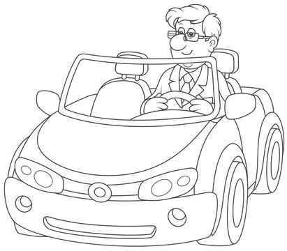 Smiling man driving his sport car, a black and white vector illustration in cartoon style for a coloring book