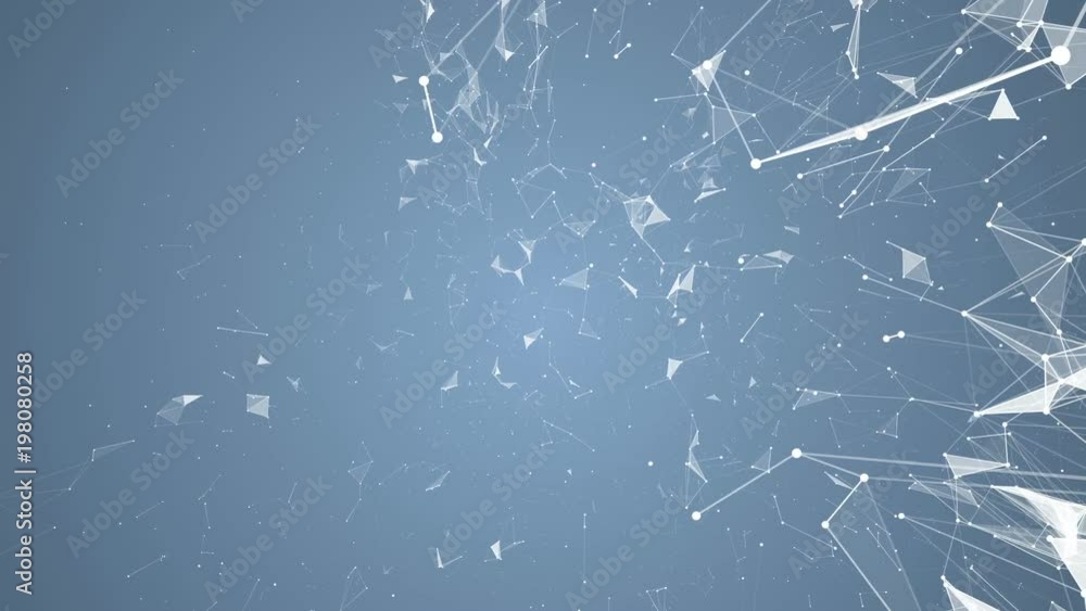 Poster Particles on the right side of the screen. Blue background . Place for text. Plexus cinematographic business medical background. Visualization of abstract forms of the plexus. Connection and web