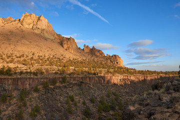 Dramatic nature formation and canyon view during the golden hour in Smith Rock State Park in Eastern Oregon USA Pacific Northwest.