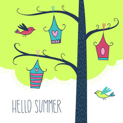 Simple greeting card with hand drawn birds and birdhouses. Vector illustration for textile, paper, design, prints, decor and art. Hand drawn lettering HELLO SUMMER