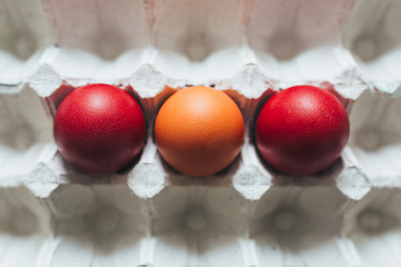 Easter eggs of different colors in tray