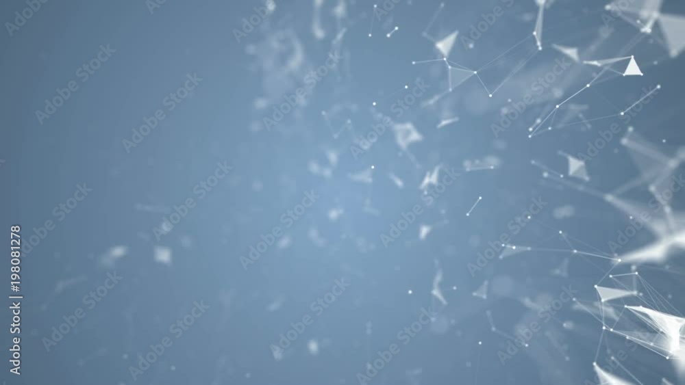 Poster Particles on the right side of the screen. Blue background . Depth of field. Place for text. Plexus cinematographic business medical background. Visualization of abstract forms of the plexus