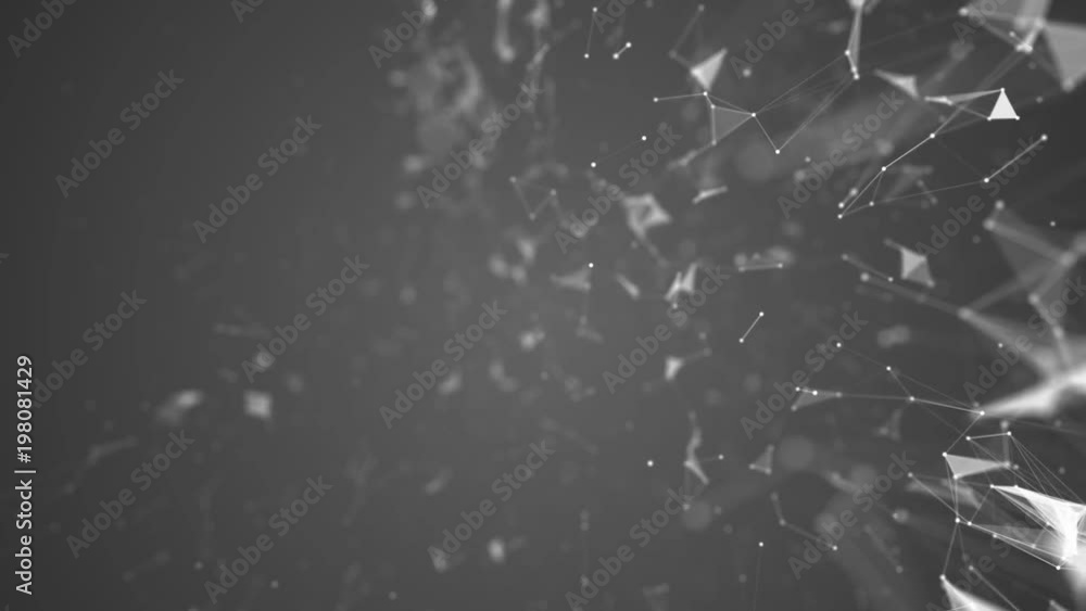 Poster Particles on the right side of the screen. Gray background . Depth of field. Place for text. Plexus cinematographic business medical background. Visualization of abstract forms of the plexus