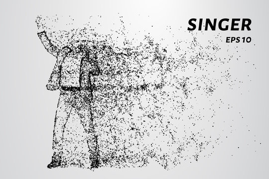 The singer sings into the microphone. The singer is made up of particles