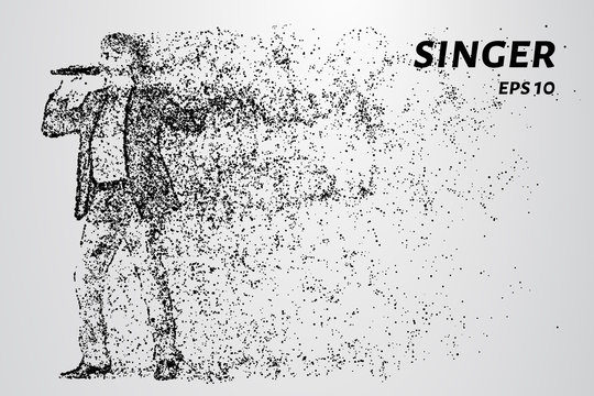 The singer sings into the microphone. The singer is made up of particles