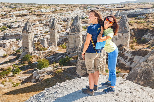 Women friends travel at famous tourist destination in Cappadocia, Turkey