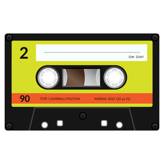 Vintage audio cassette tape design, flat illustration.